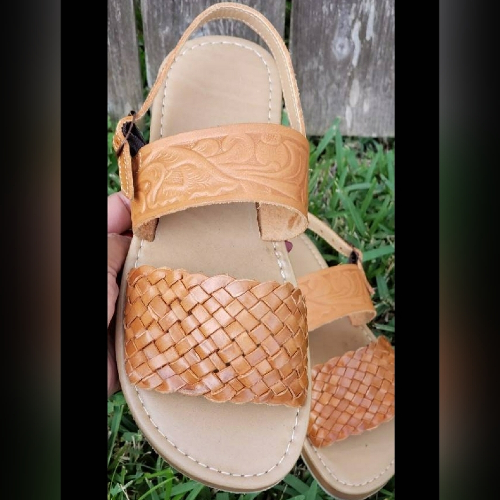 Tan Woven Leather Sandals • Boho Summer Slip-On • Comfort Flat Sandals